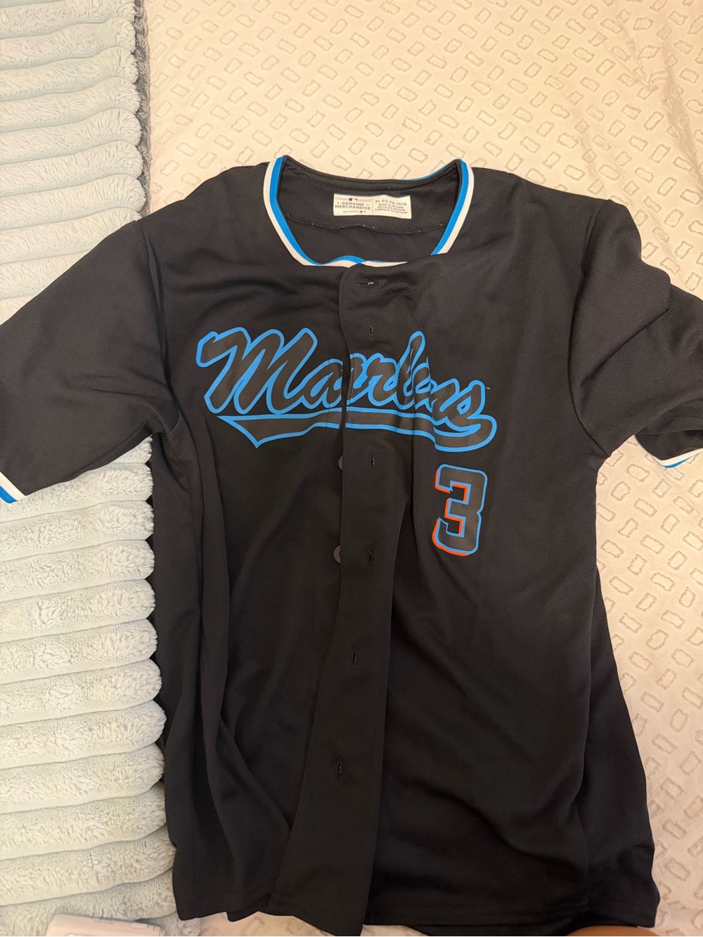 Genuine Merchandise Black Marlins Button-Up Jersey with Blue Accents
